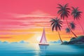 Colorful sunset on the tropical island. Beautiful ocean beach with palms and yacht illustration. Summer traveling and holiday. Royalty Free Stock Photo