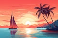 Colorful sunset on the tropical island. Beautiful ocean beach with palms and yacht illustration. Summer traveling and holiday. Royalty Free Stock Photo