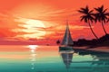 Colorful sunset on the tropical island. Beautiful ocean beach with palms and yacht illustration. Summer traveling and holiday. Royalty Free Stock Photo