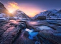 Colorful sunset in Utakleiv beach, Lofoten islands, Norway