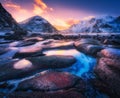 Colorful sunset in Utakleiv beach, Lofoten islands, Norway