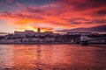 Colorful sunset with a view to Buda Castle over Danube river, Budapest, Hungary