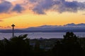 Christmas Eve Sunset in Seattle with Space Needle and Ferry Royalty Free Stock Photo