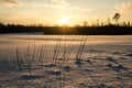 colorful sunset in winter over countryside fields covered in snow Royalty Free Stock Photo