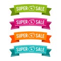 Colorful super sale ribbons on white background