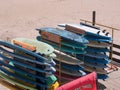 Colorful surf boards for hire on Matosinhos beach in Porto, Portugal