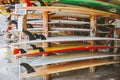 Colorful surf boards in shop for rent on the beach. Royalty Free Stock Photo