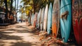 Colorful surfboards on the beach in Sri Lanka. Selective focus