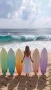 Colorful surfboards ready for waves on sunny beach next to sea with waves, surf s up