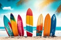 colorful surfboards standing in tropical beach sand with ocean in the background