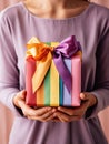 Colorful Surprise: Woman Holding a Rainbow Gift with Ribbon