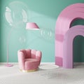 Colorful surreal interior with pink armchair and arches and light green wall, soap bubbles, 3d rendering Royalty Free Stock Photo