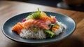 Fresh Salmon Chirashi Bowl on Rustic Wooden Table: A Culinary Delight Royalty Free Stock Photo