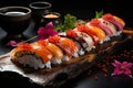 Colorful sushi feast: sashimi, rolls and delicate details., generative IA