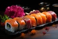 Colorful sushi feast: sashimi, rolls and delicate details., generative IA