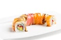 Colorful sushi roll with salmon, eel, tuna, avocado, cucumber, c Royalty Free Stock Photo