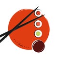 Colorful sushi set of different types chopsticks and soy sauce