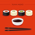 Colorful sushi set of different types chopsticks with soy sauce on orange background