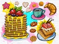 Colorful sweet breakfast set. Panckakes, crepes, waffie, cup of coffee, strawberry, chocolate, desserts, croissant. Royalty Free Stock Photo