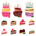 Colorful sweet cakes and cakes slices pieces on white background.