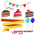Colorful sweet cakes slices pieces on white background, ribbons and flags with happy birthday.
