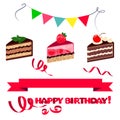 Colorful sweet cakes slices pieces on white background, ribbons and flags with happy birthday.