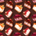 Colorful sweet cakes slices seamless background. Sweet pattern Royalty Free Stock Photo