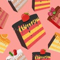 Colorful sweet cakes slices seamless background. Vector pattern illustration. Royalty Free Stock Photo