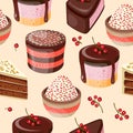 Cakes slices seamless background. Seamless pattern with pies. Vector illustration, seamless pattern. Royalty Free Stock Photo