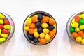 Colorful sweet candies in a round glass vase