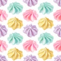 Colorful sweet delicious watercolor seamless pattern with meringue Isolated on white.