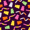 Colorful sweet gummy bears and worms seamless pattern. Healthy sweets, jelly vitamins. Vector cartoon illustration. Royalty Free Stock Photo