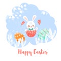 Colorful sweet Happy Easter greeting card with banny, rabbit, eggs and cake.