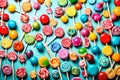 Colorful sweet lollipops. Color lollipop. bright cool candy. copy space Generated Ai