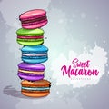 Colorful sweet macarons cakes on artistic watercolor background. French macaroons. Junk food background