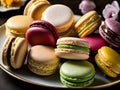 colorful sweet macaroon cookies with different colors on a plate. sweets and desserts illustration
