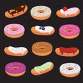 Colorful sweet set of donuts and eclairs isolated on a black background. Confectionery vector Illustration.