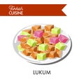 Colorful sweet Turkish lukum cubes on shiny plate Royalty Free Stock Photo