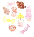 Colorful sweeties as cookies, candies, cupcakes drawn by watercolor