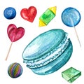 Watercolor drawings, colorful sweets, candy, macaroon, lollipops.