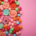 Colorful sweets swirl on rosy backdrop, tempting taste buds