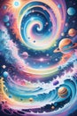 A colorful swirl with planets, cosmic, dreamscape, surreal space, painting