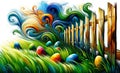 Colorful Swirls and Easter Eggs in Grass with Fence