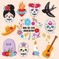 Colorful symbols Dia De Los muertos holiday day of the dead vector. Royalty Free Stock Photo