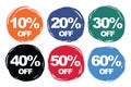 Colorful symbols discount collection set 10% off, 20% off, 30%