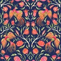 Colorful symmetric watercolor seamless pattern with exotic birds on blue background. Fairytale folk hand painted illustration Royalty Free Stock Photo