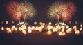 Colorful symmetrical fireworks above golden bokeh Royalty Free Stock Photo