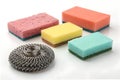 Colorful synthetic sponges and scrubbers arranged in a kitchen setting Royalty Free Stock Photo