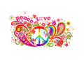 Colorful T-shirt design with hippie peace symbol, abstract flowers, mushrooms, paisley and rainbow on white background