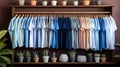Colorful t-shirts and polo shirts. Preparation for the spring season. Shopping. Close-up. Selective focus. Clothing